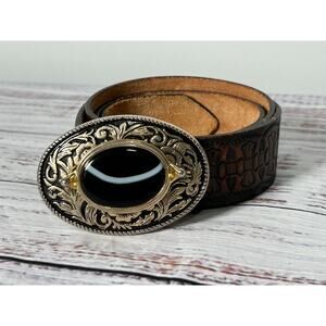 Vtg Mens Brown Agate Genuine Leather Tooled Oval Buckle Belt Size 34 Made in USA